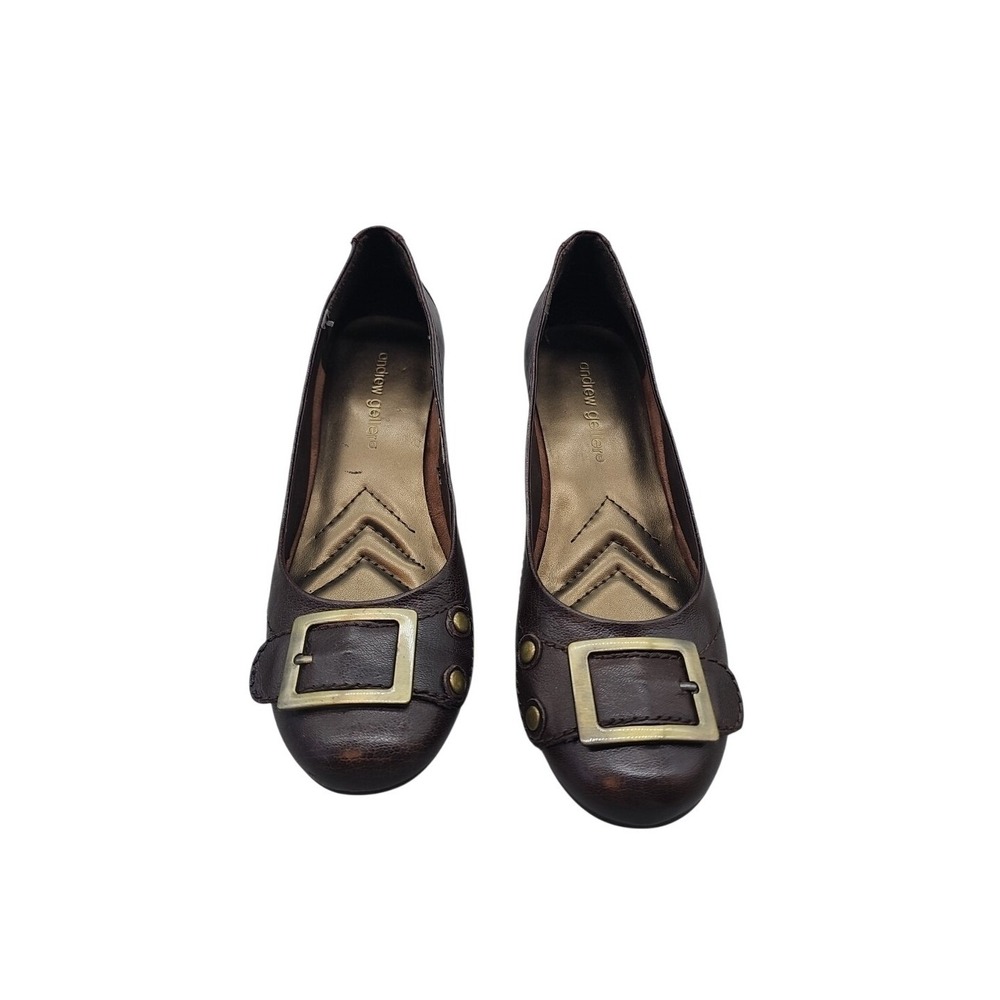 Andrew Geller Brown Leather Upper Slip On 2 inch Wedge Pump. Block Heel Size 7